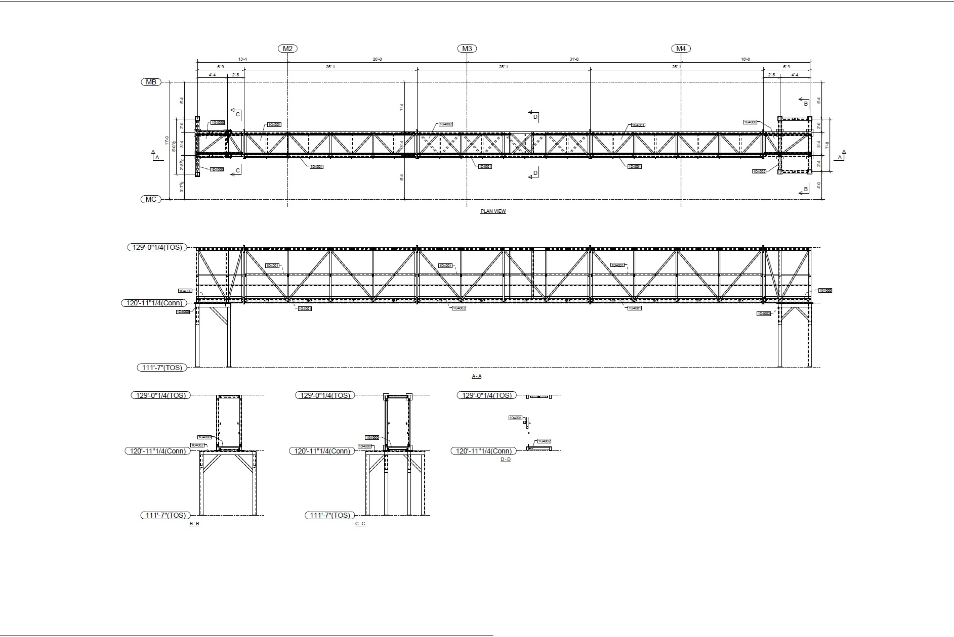 Technical arrangement drawing for elevated access bridge showing plan view, side elevation with truss framing, and cross-section details