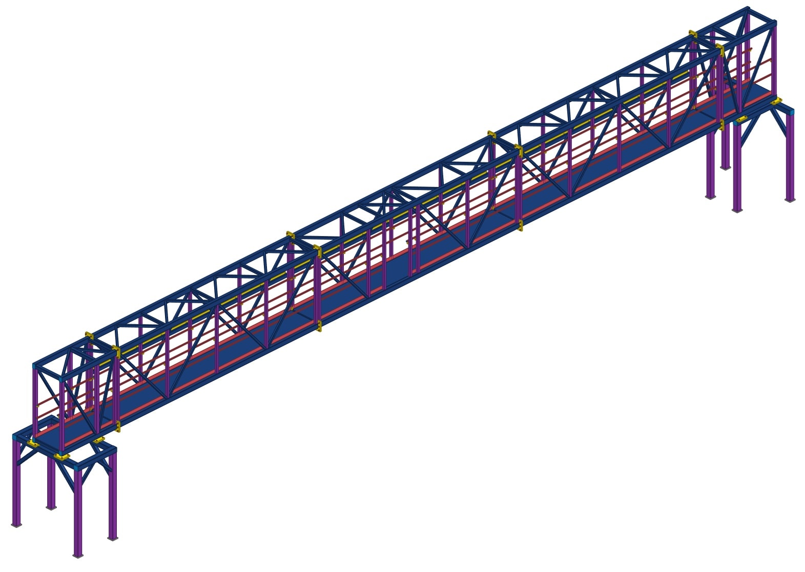 3D Tekla Structures model of elevated braced steel access bridge with truss side framing, chord members, and support columns