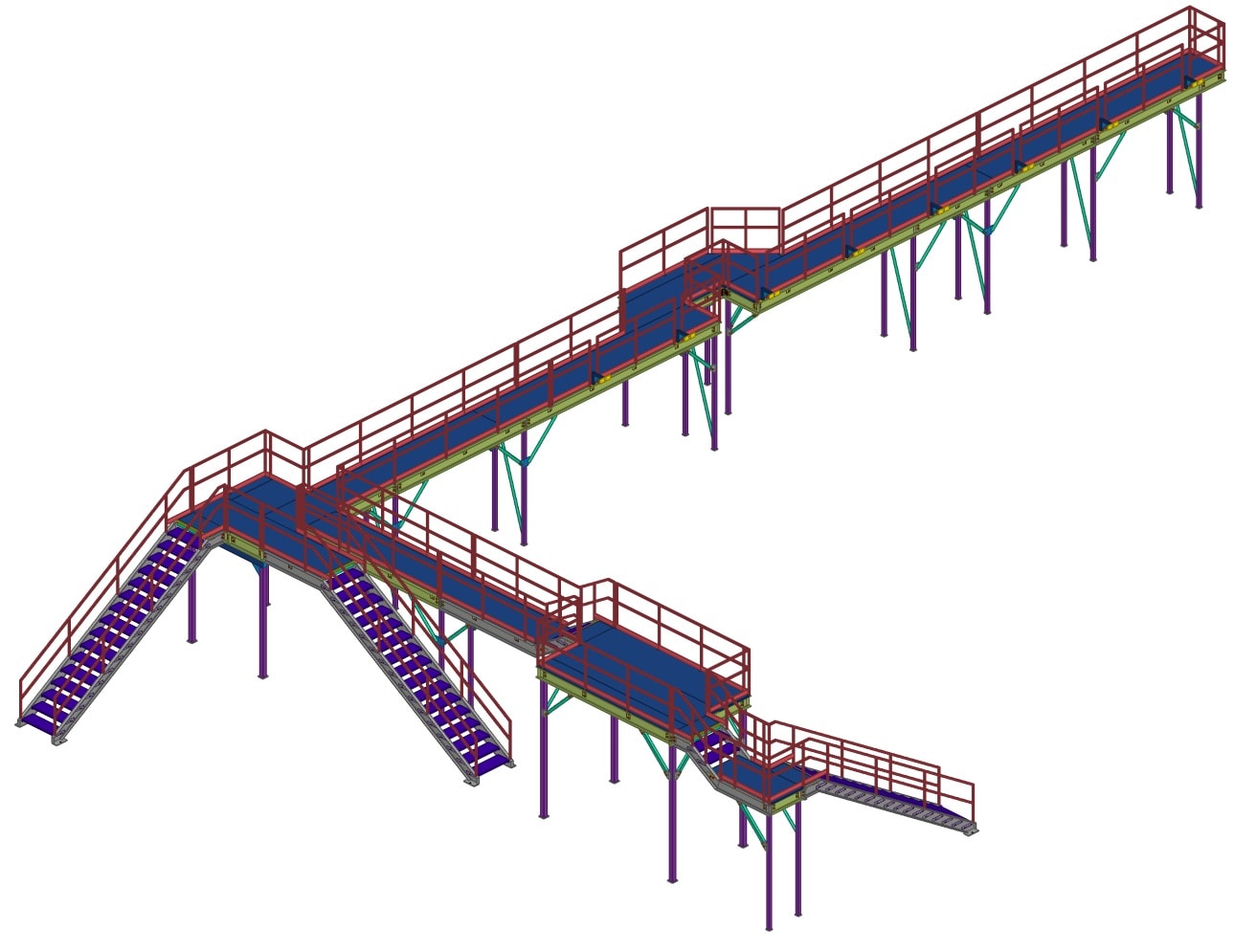 3D model of multi-level industrial steel access walkway with stair arrangements, platforms, and guardrail systems