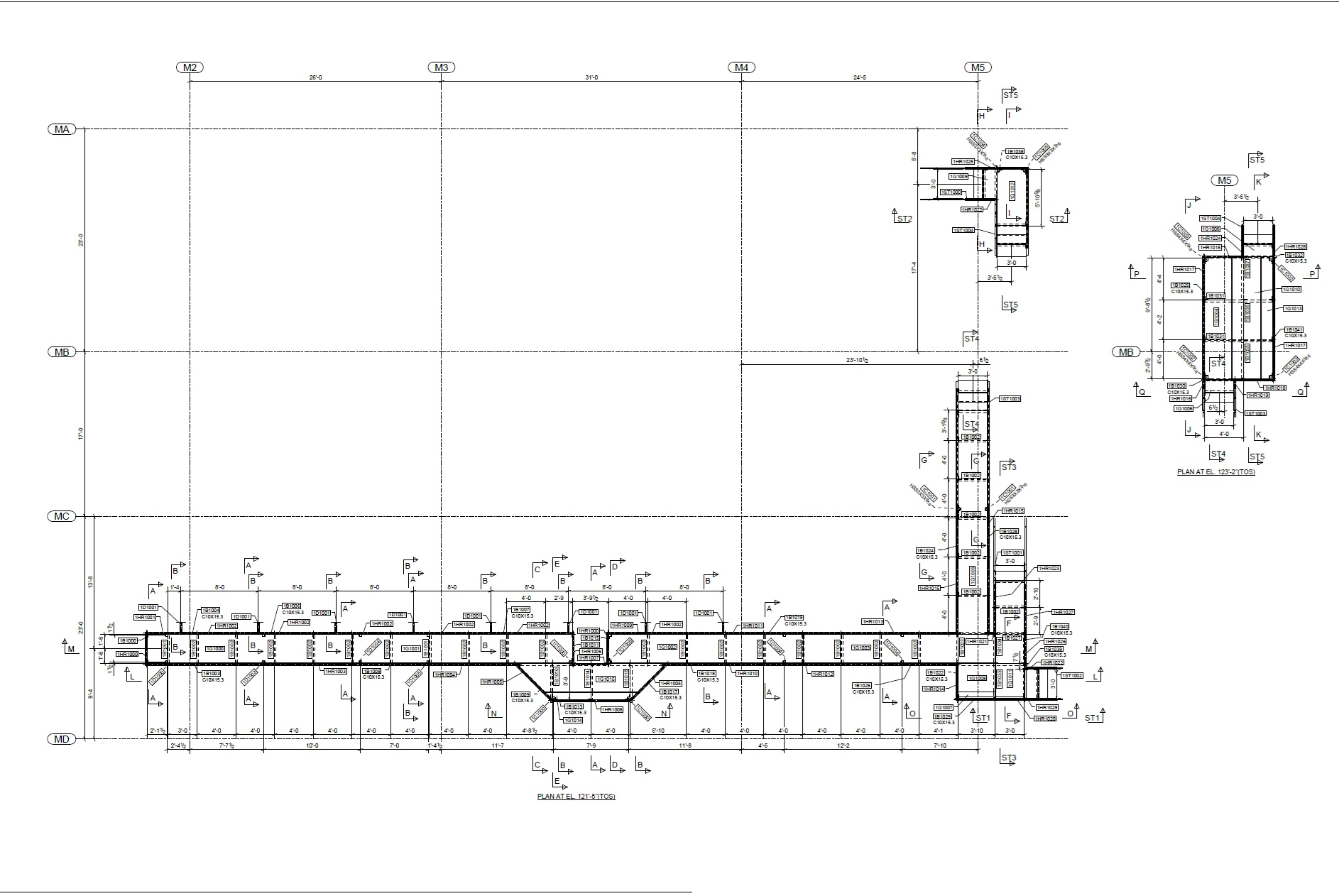 Technical arrangement drawing for elevated steel walkway framing showing plan view, elevations, and cross-section details