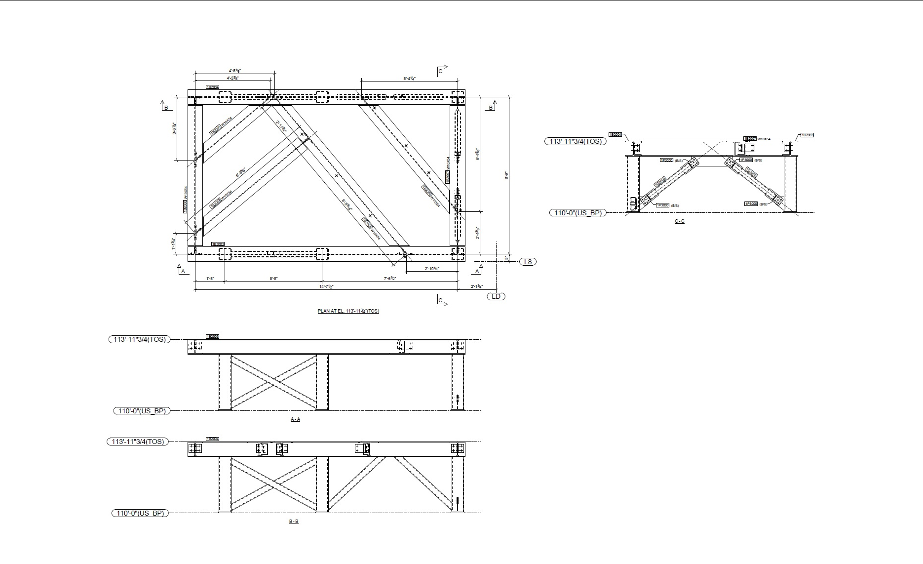 General arrangement fabrication drawing for industrial equipment support structure showing plan, elevation, and section views