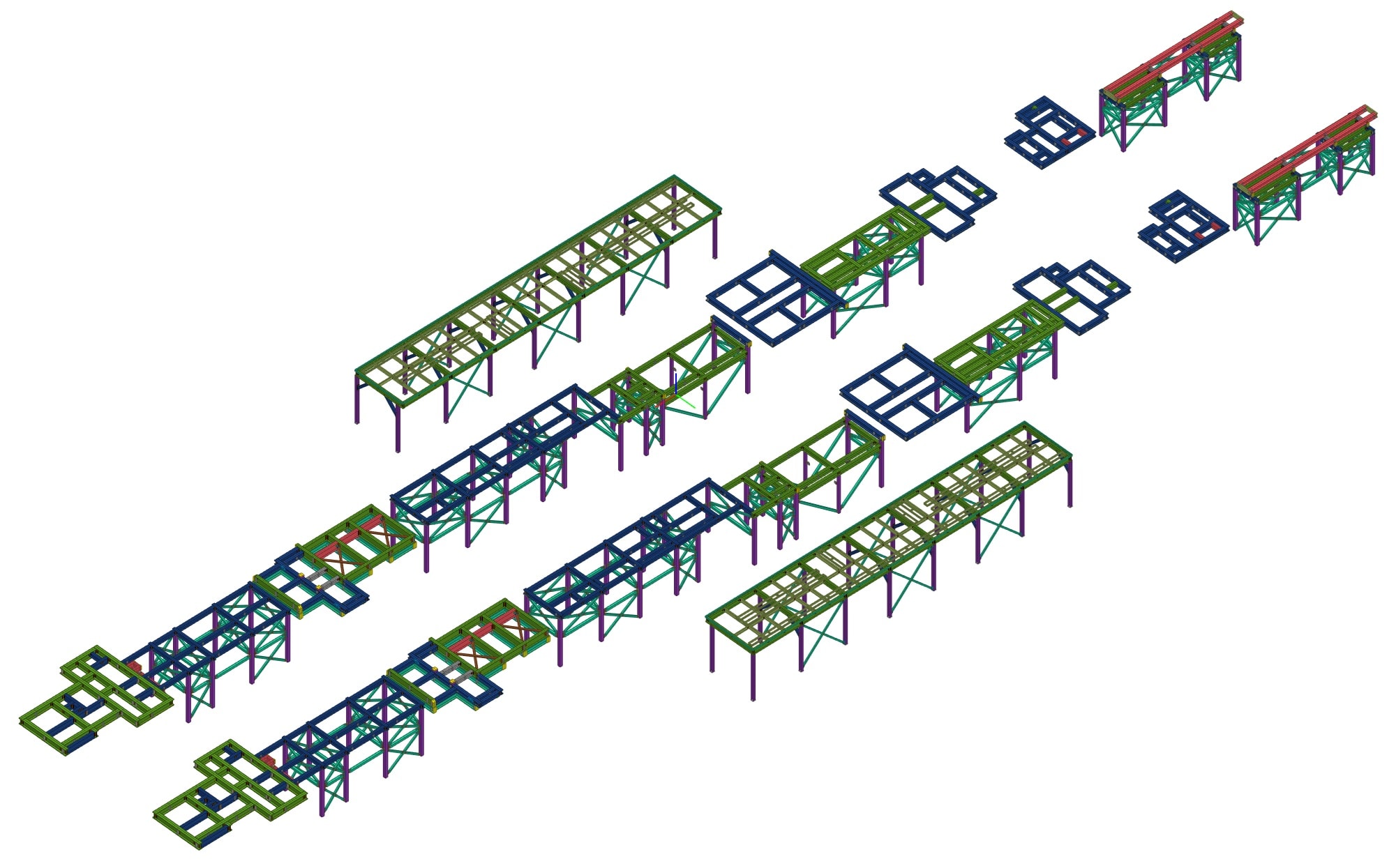 3D isometric model of interconnected linear processing-line steel frame assemblies