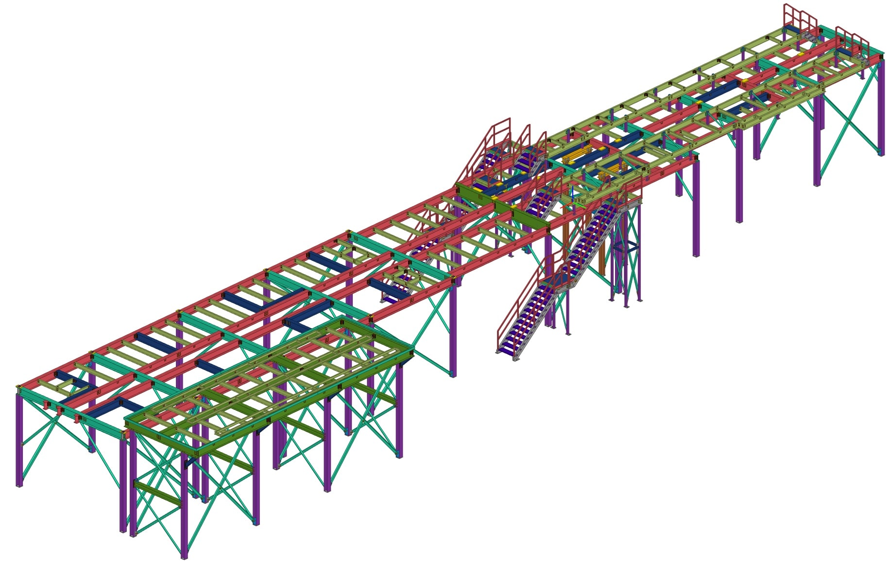3D model of industrial material-handling support steel structure with columns and bracing