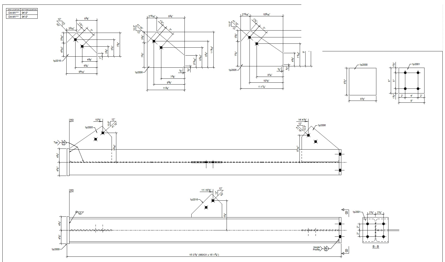 Fabrication drawing showing structural steel column connection assembly with bolt patterns and weld specifications