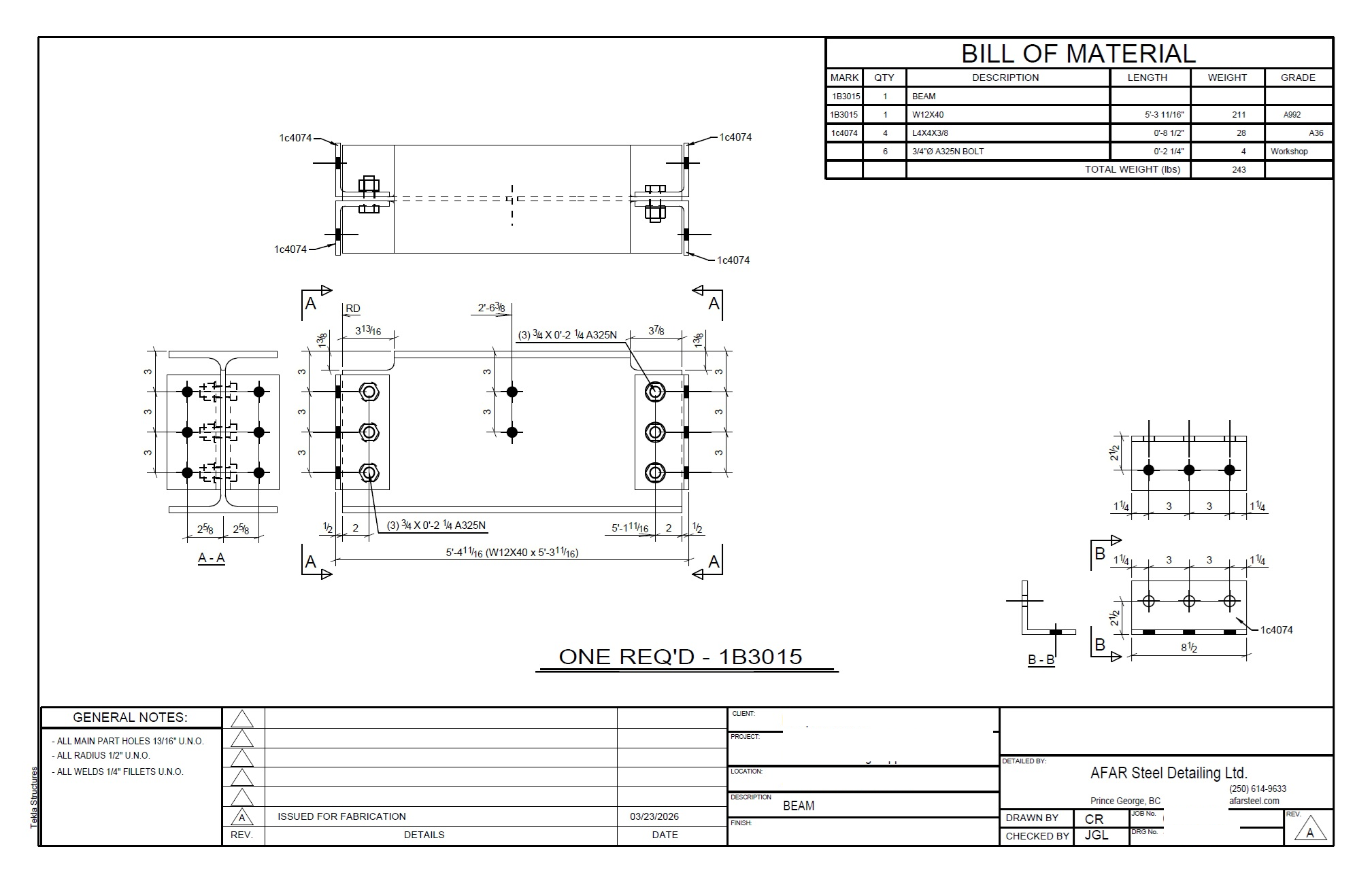 Fabrication drawing for beam with angle clip connections
