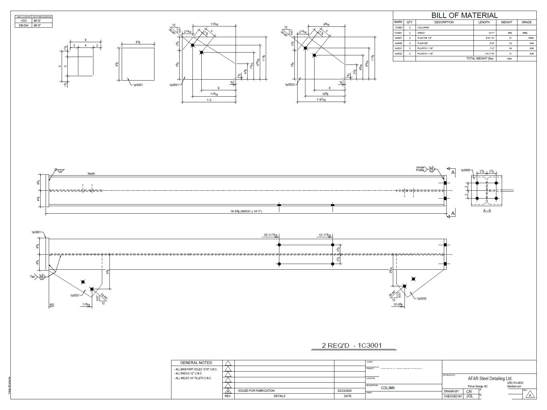 Fabrication drawing for column connection assembly