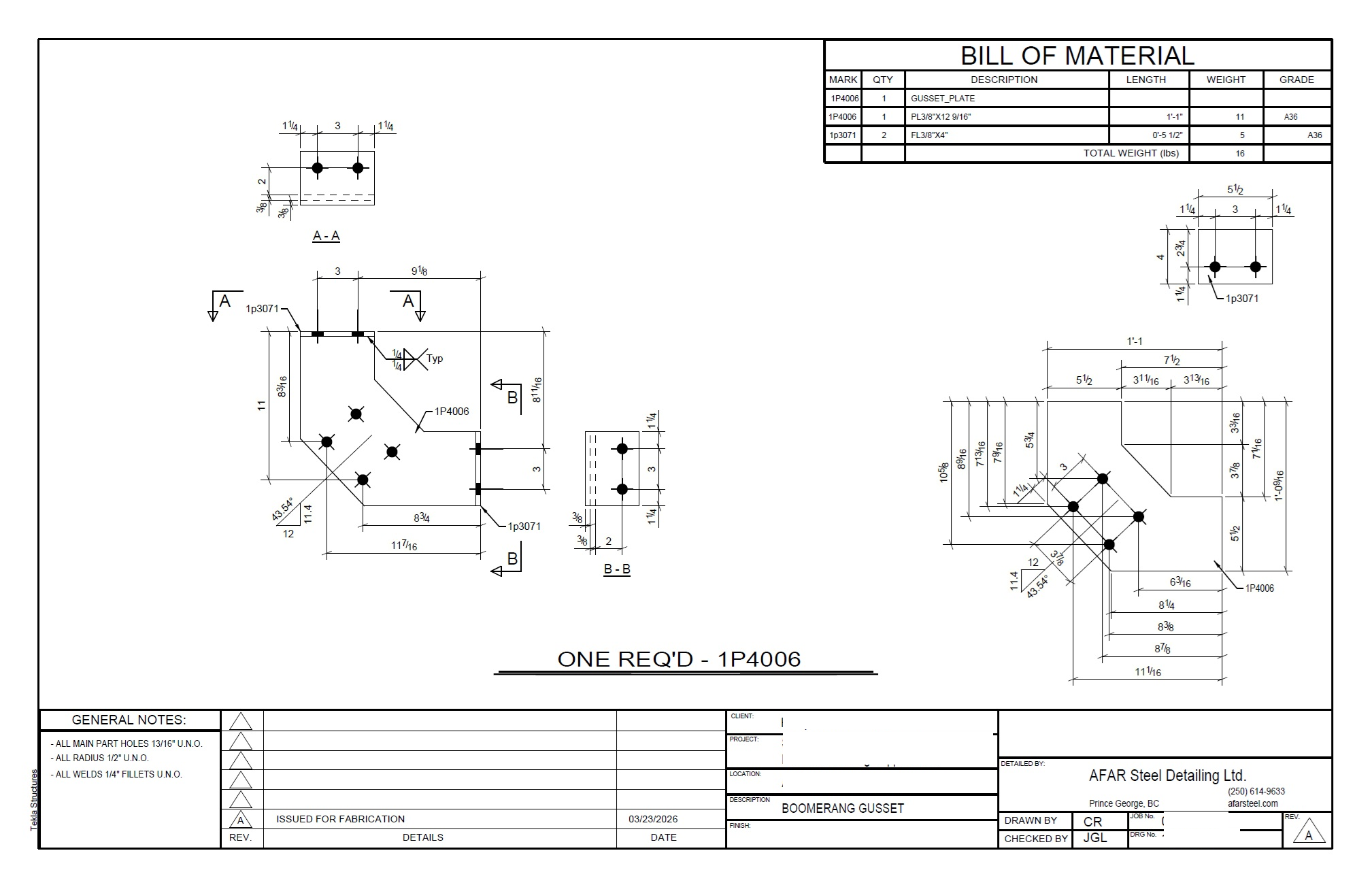 Fabrication drawing for boomerang gusset plate assembly with clip plates