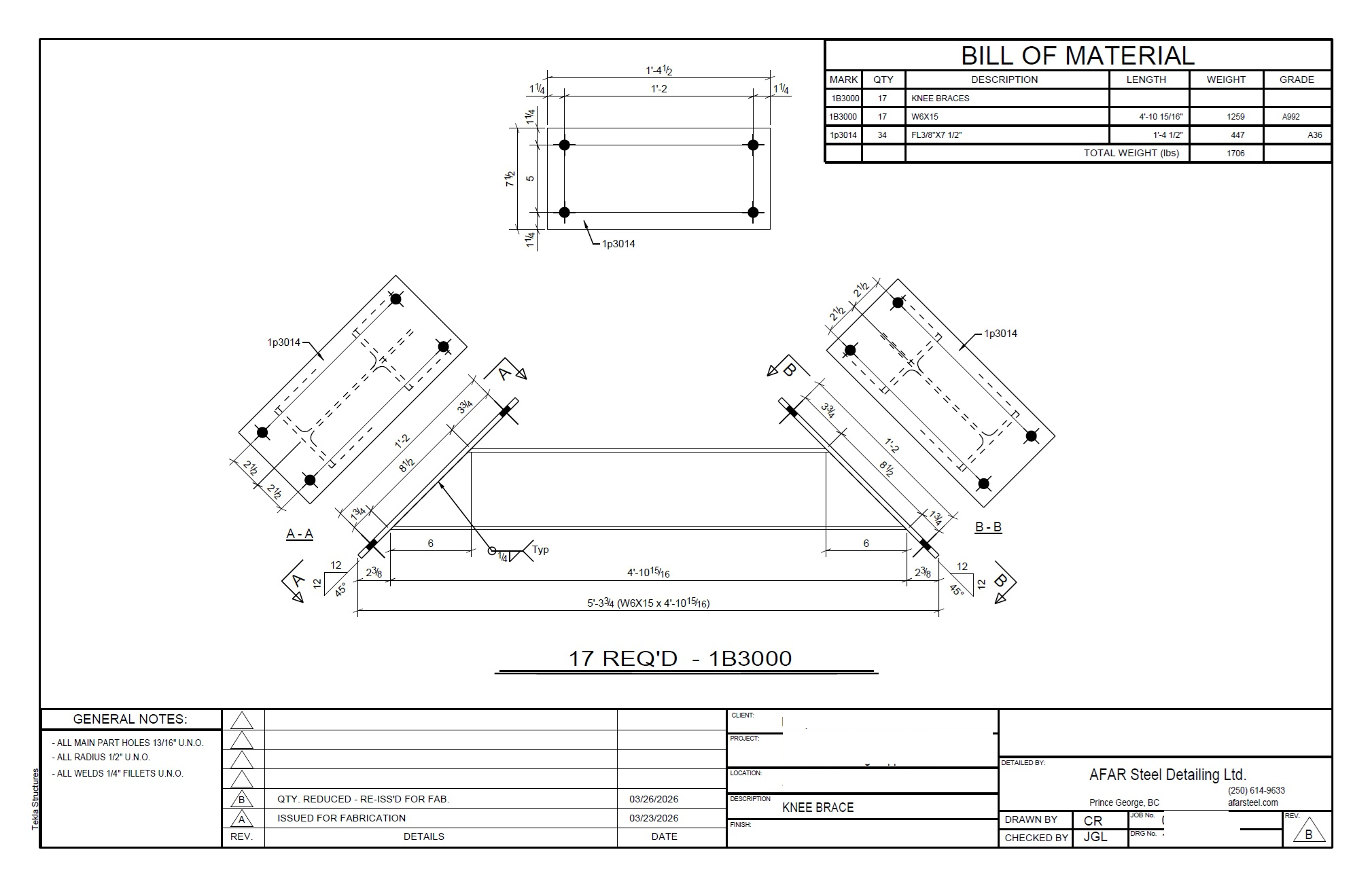 Fabrication drawing for knee brace assembly