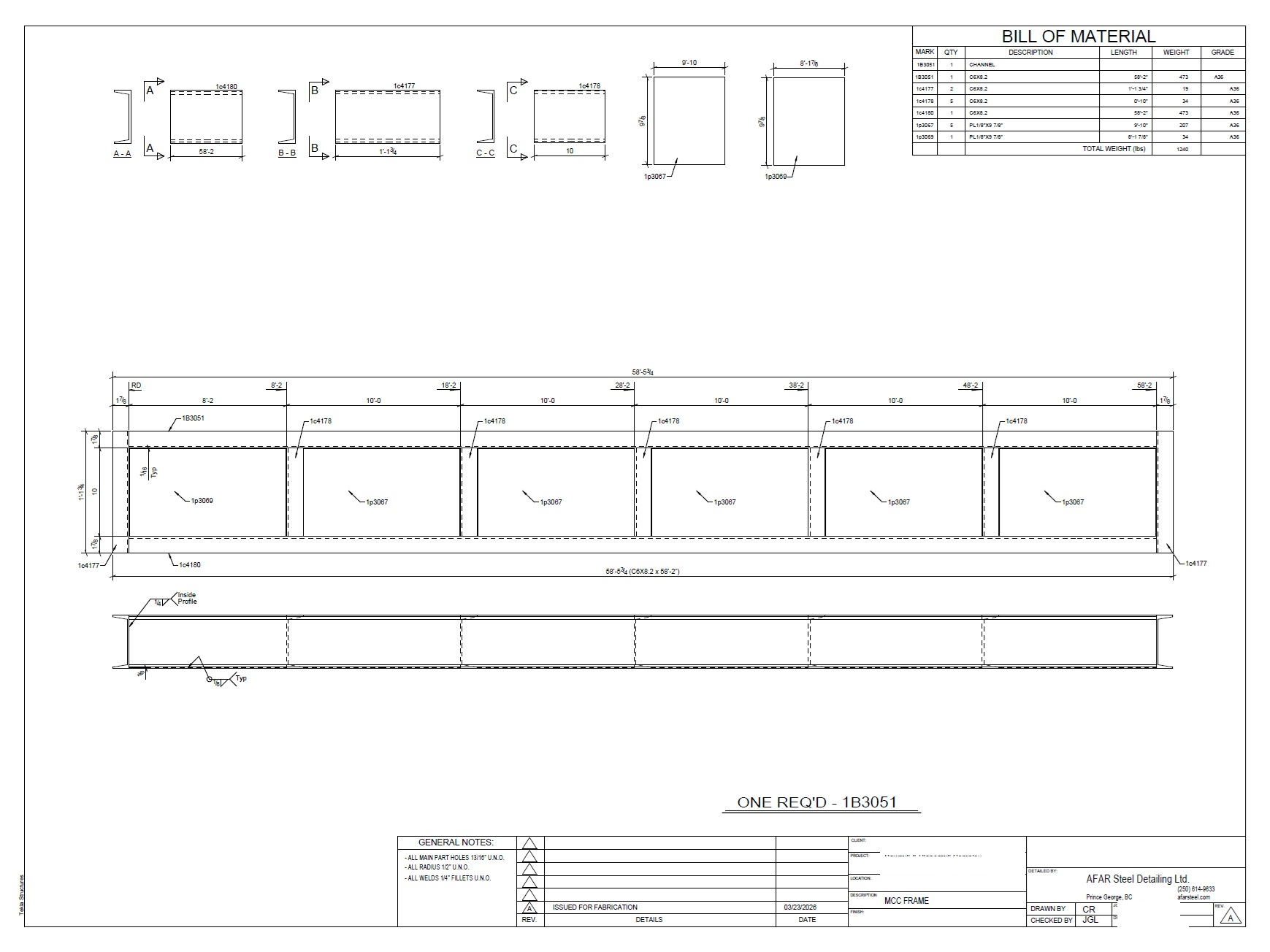 Fabrication drawing for MCC frame channel assembly