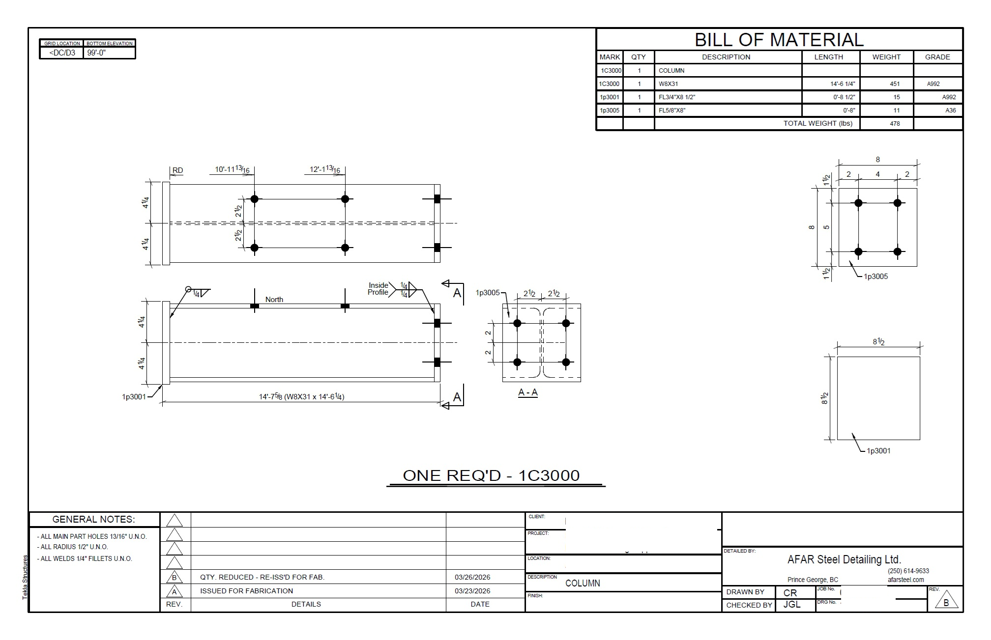 Fabrication drawing for structural column