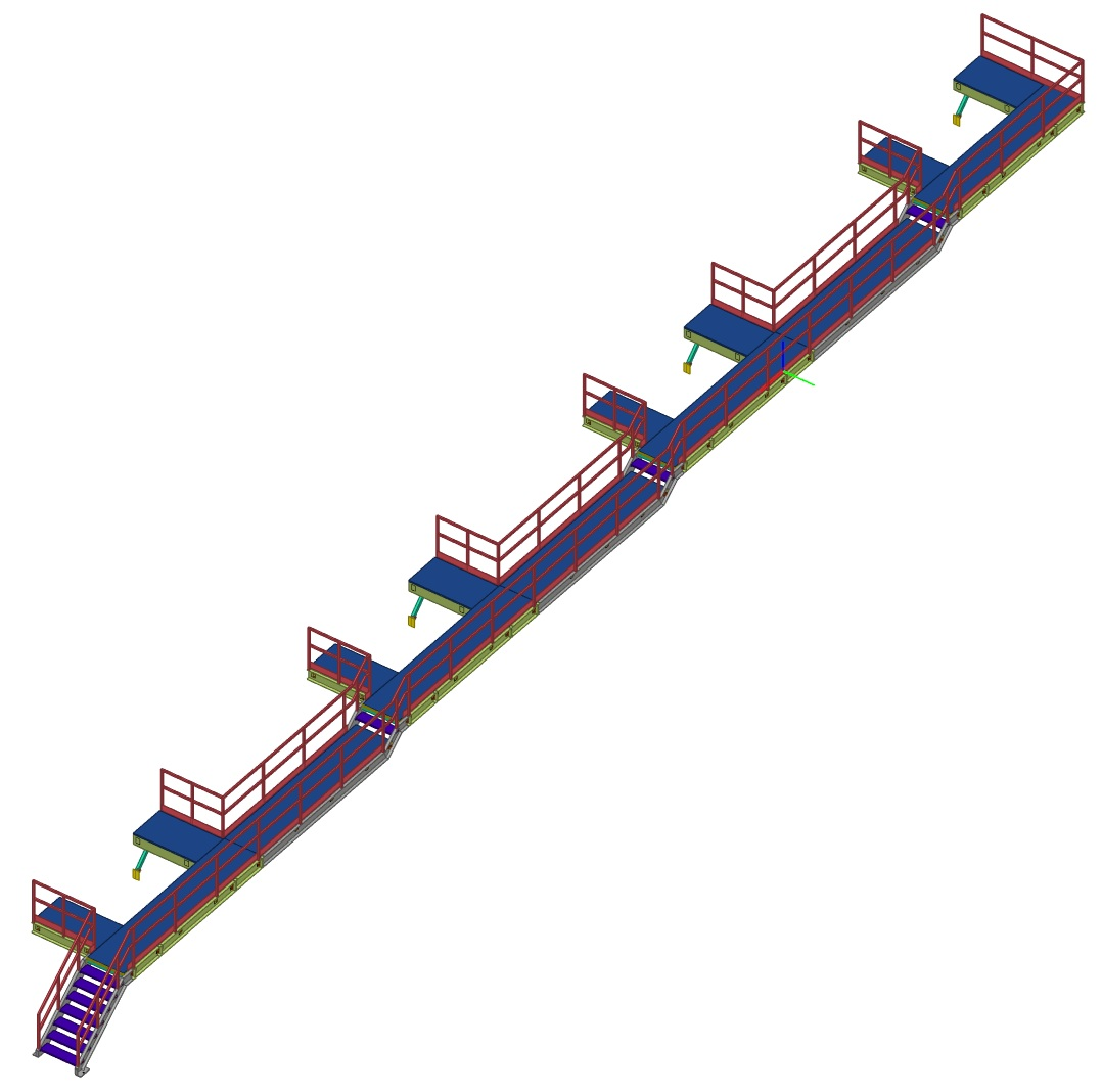 3D structural steel model — extended industrial access walkway with stair landings