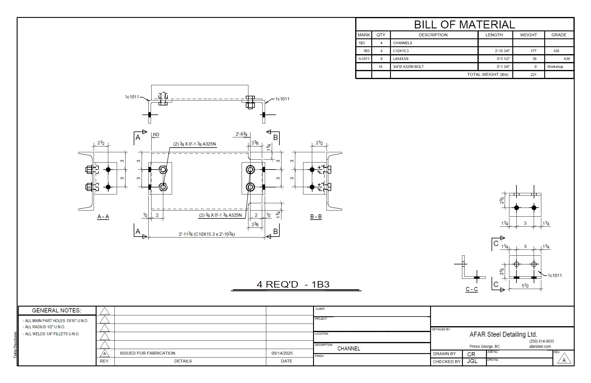 Fabrication shop drawing — channel assembly with clip angle connections and bill of materials