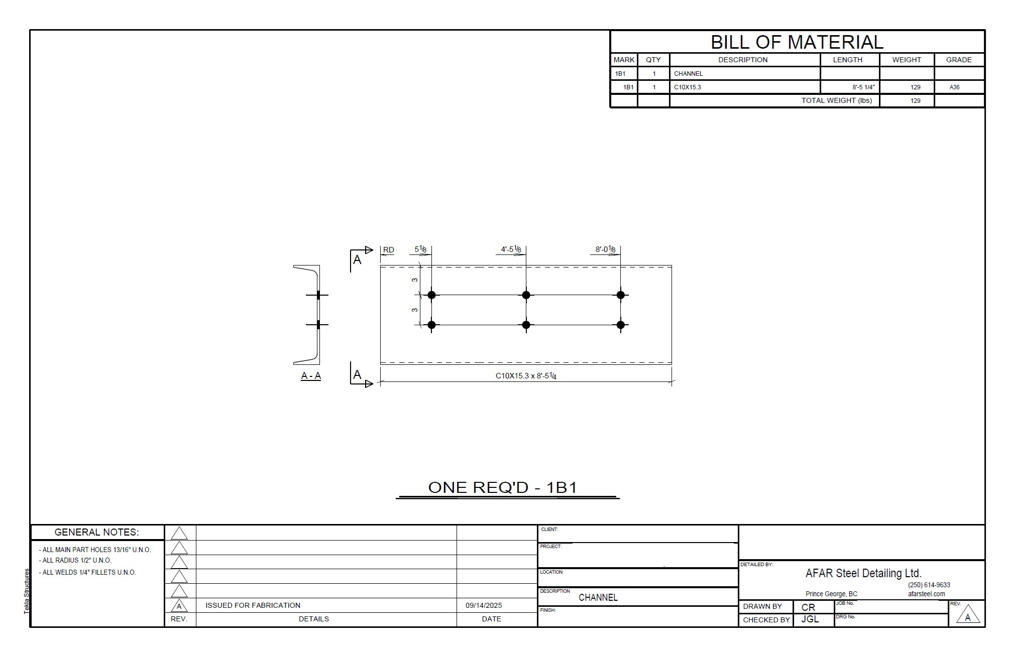 Fabrication shop drawing — channel member with bolt pattern and bill of materials