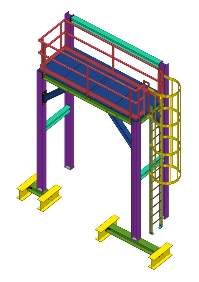 3D structural steel model — elevated access platform with caged ladder