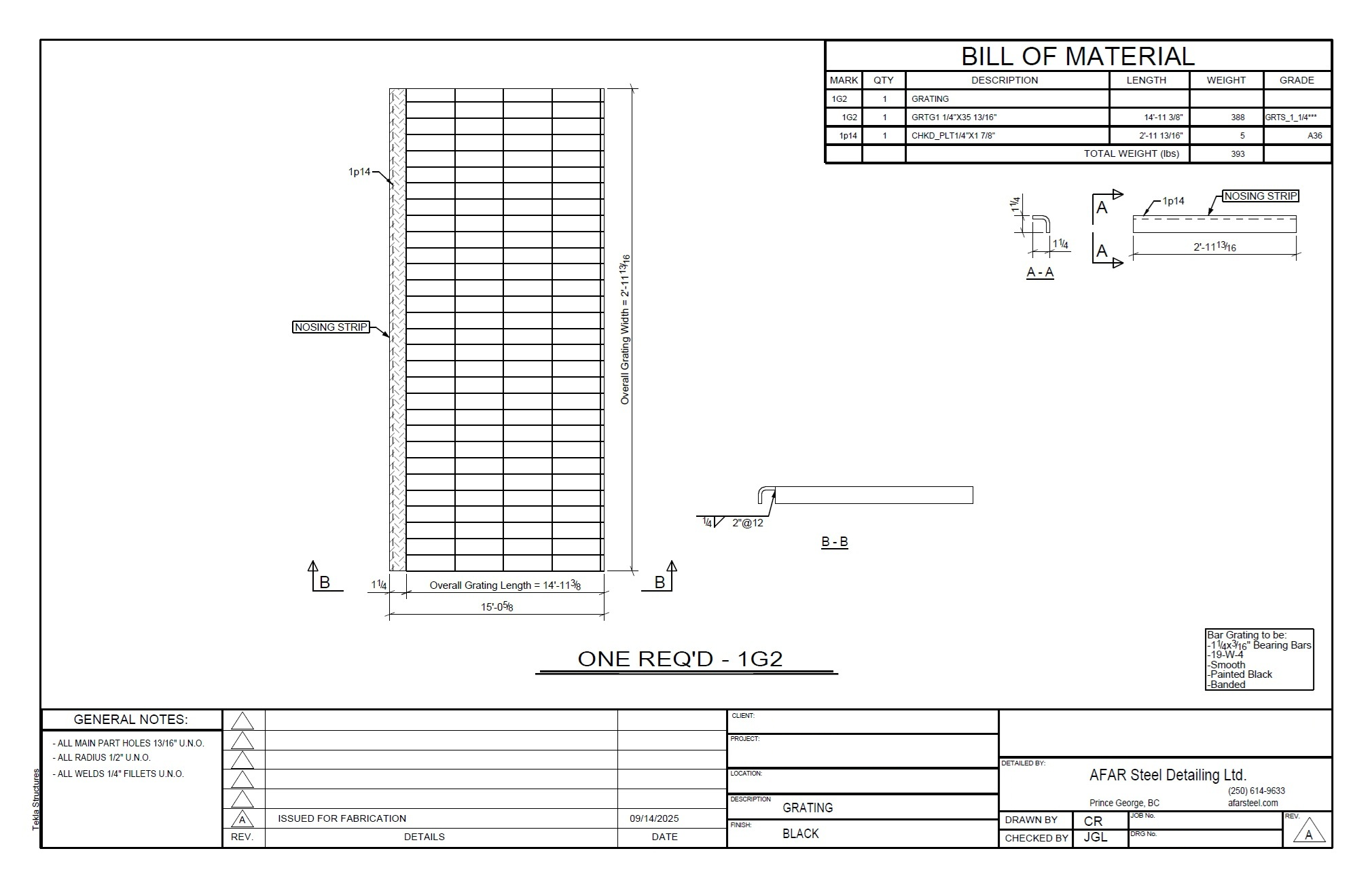 Fabrication shop drawing — grating panel with dimensions and material specification