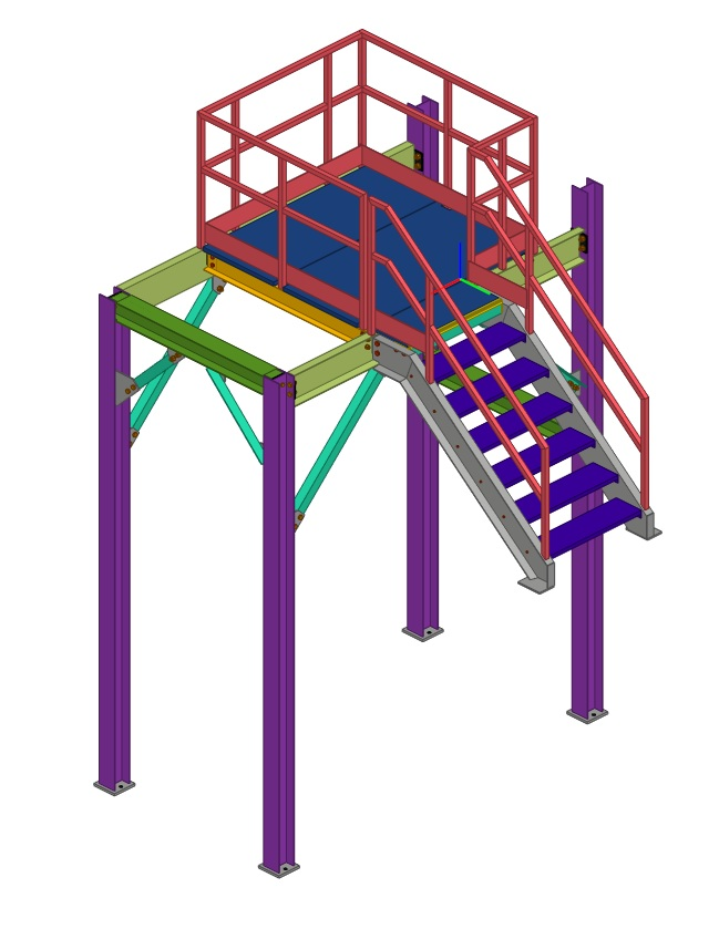 3D structural steel model — stair access platform with handrails and base connections